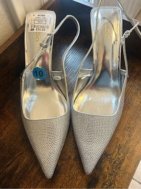 Aldo Silver Rhinestone Pointed Slingback Heels